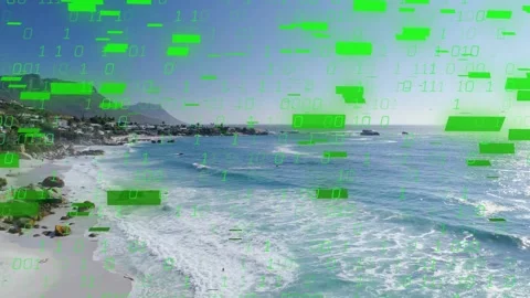 Camera panning coastline, green binary blocks appearing, gathering over ocean, Stock Footage 323118929