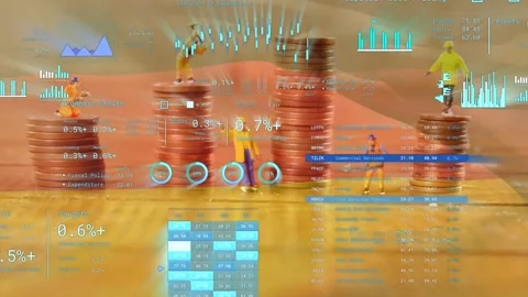 Camera panning, coin stacks with mini figures climbing and walking while HUD Stock Footage 334810895