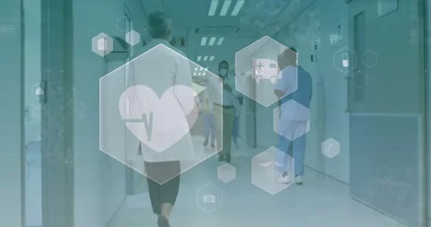 Camera panning corridor, staff meeting while masked man coming holding folder, Stock Footage 331756343