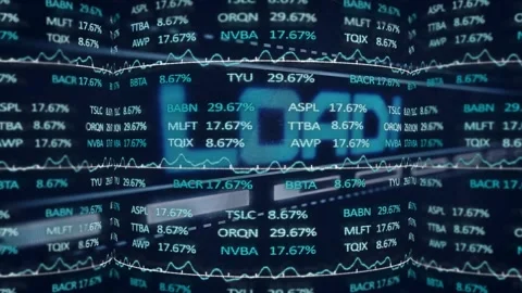 Camera panning, curved finance data wall updating tickers and animating lines Stock Footage 330396682