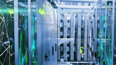 Camera panning data center aisle, holographic energy and CO2 glyphs mapping Stock Footage 332566503