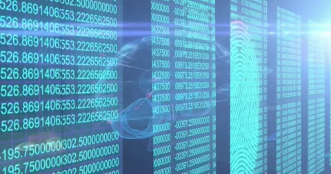 Camera panning data columns scrolling fingerprint shifting linking nodes to Stock Footage 328584798