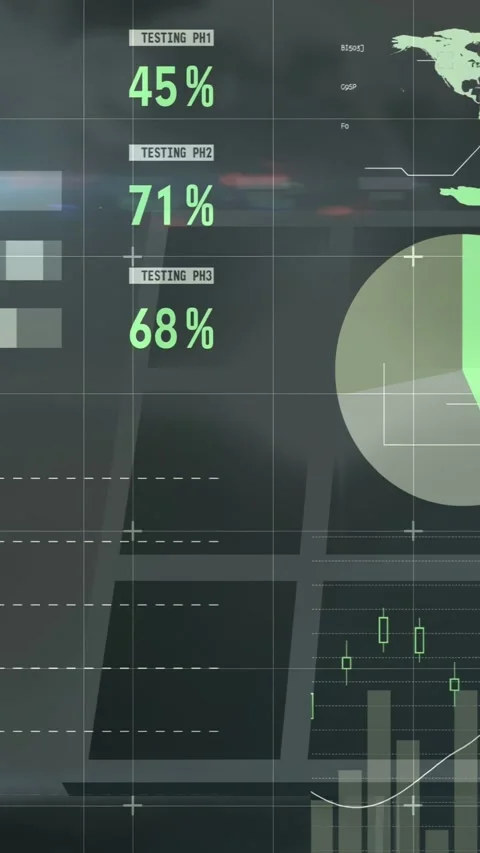 Camera panning data dashboard, gauges updating as charts, pie charts and map Stock Footage 332594360