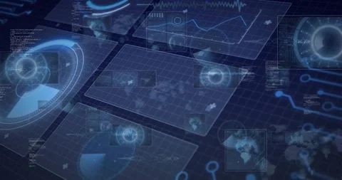 Camera panning, data feed arriving, glass HUD panels and dials updating, showing Stock Footage 321800428