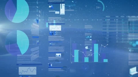 Camera panning, data updating, panels sliding, bars growing, charts simplifying Stock Footage 332867040
