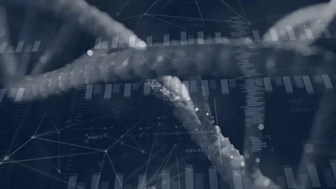 Camera panning DNA double helix rotating, revealing sliding charts and node Stock Footage 332591868