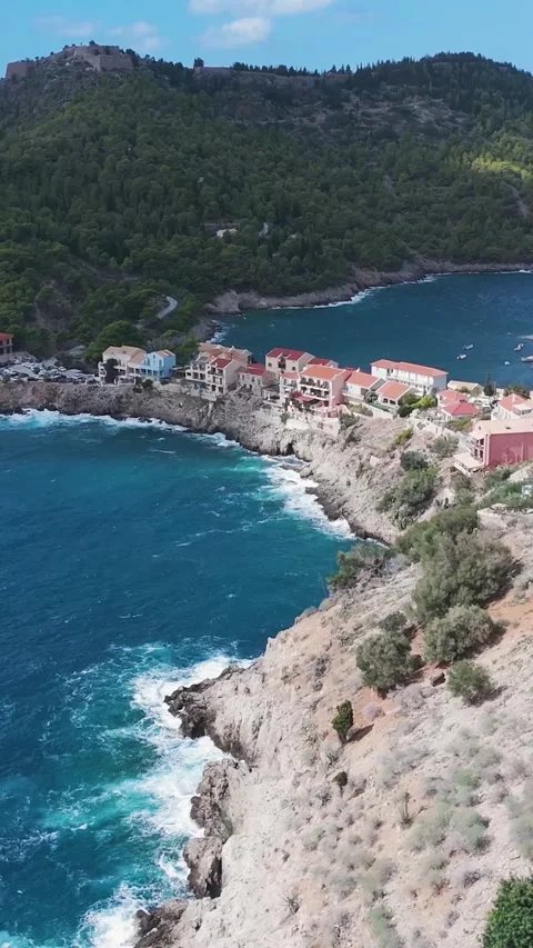 Camera panning down on assos village, kefalonia Stock Footage 290450701