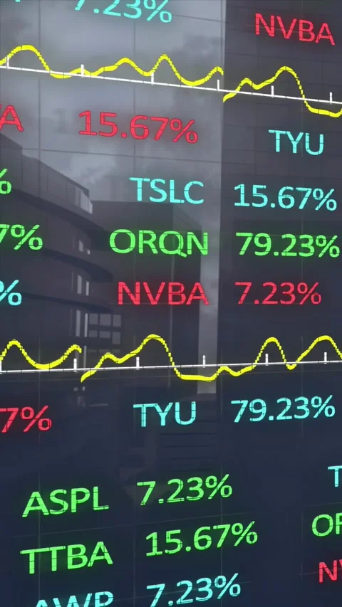 Camera panning down market ticker screen showing shifting data and yellow line Stockbeeldmateriaal 330547932