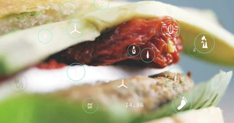 Camera panning down, stacked food item showing eco metrics with HUD icons and Stock Footage 331713355