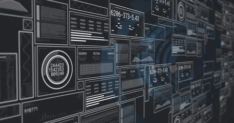 Camera panning driving 3D tile cluster sliding rightward and updating readouts, Stock Footage 329122680