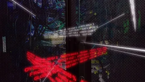 Camera panning driving mesh display ticker sliding and red blocks breaking to Stock Footage 331701528