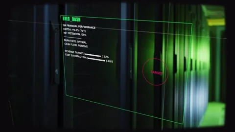 Camera panning, EXEC DASH HUD aligning and locking red TARGET onto right rack, Stock Footage 332686157