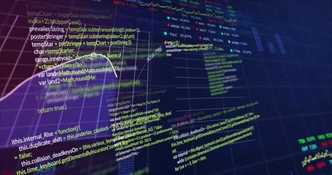Camera panning, floating code block sliding and rotating while charts emerging Stock Footage 328685258