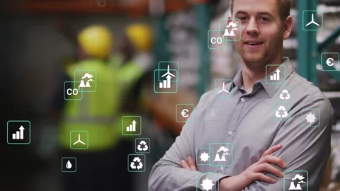 Camera panning focus to lead in gray shirt animated graph icons clustering Stock Footage 334321867