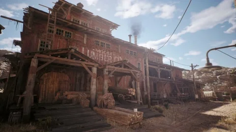 Camera is panning in front of an old western lumber mill building in a west town Stock Footage 236396011
