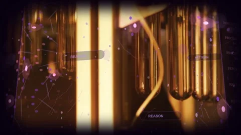 Camera panning, gold tubes revealing tech unit, UI panels showing PATTERN and Stock Footage 334115482