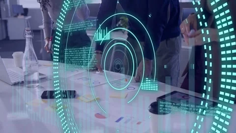 Camera panning to hands moving charts, team collaborating with HUD for business Stock Footage 333720151