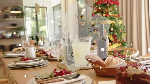 Camera panning holiday table sliding pitcher centering roast revealing flakes Stock Footage 339448493