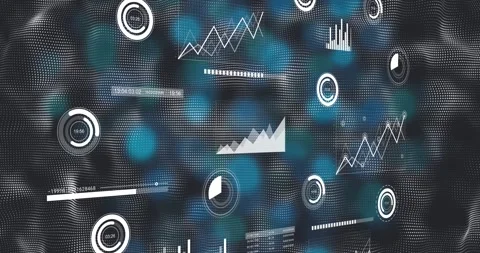 Camera panning, holographic data cluster sliding right, gauges pulsing, charts Stock Footage 331198097