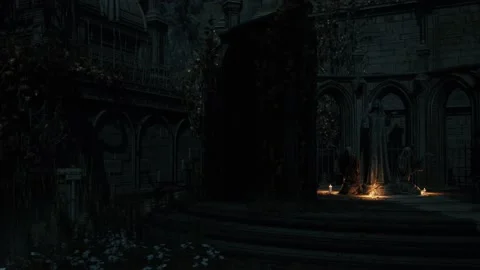 Camera is panning in a horroristic graveyard and arrives to an oldstatue - Stock Footage 236408819