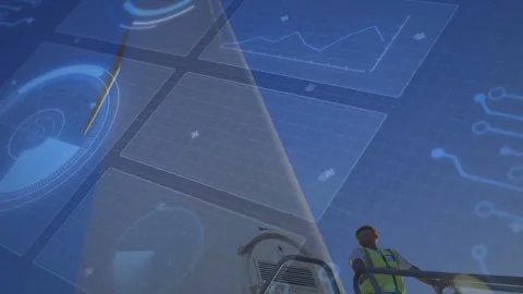 Camera panning, HUD activating, tech leaning on railing monitoring blade data Video stock 333968455