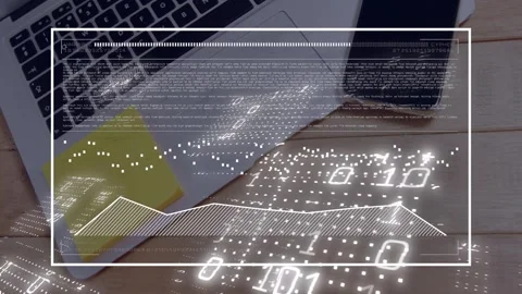Camera panning in, HUD overlay drawing frame and plotting area chart, showing Stock Footage 330190883