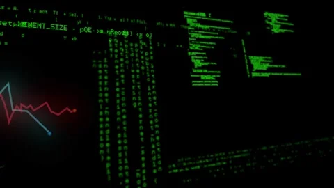Camera panning, HUD panels and green columns shifting right, revealing code Stock Footage 328265912