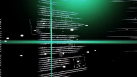 Camera panning initiating, central code plane revealing text while crosshair Stockbeeldmateriaal 335739322