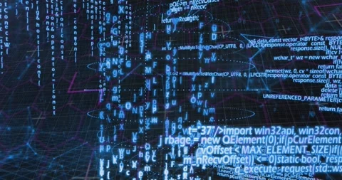 Camera panning inward, data cluster revealing code panels and forming dense Stock Footage 330564114
