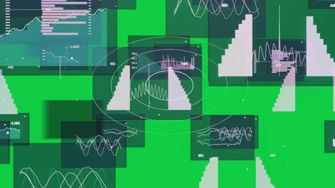 Camera panning inward, panels shifting while rings pulsing to focus cluster on Vídeo Stock 337506364