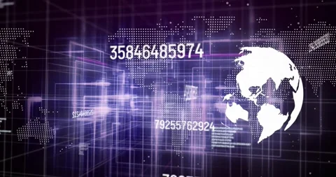 Camera panning left, advancing, revealing rotating globe, cascading numbers, Stock Footage 331026998