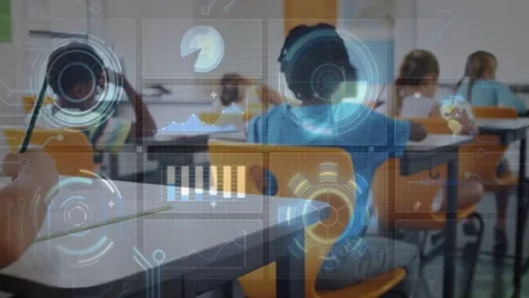 Camera panning left, back boy adjusting, HUD pulsing for education, front-left Stock Footage 329870929