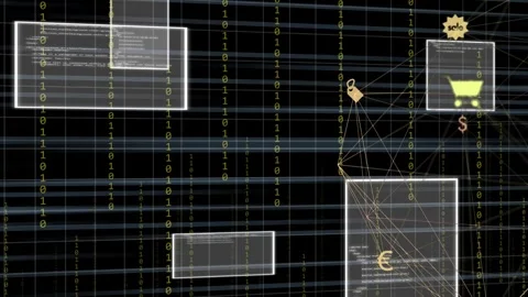 Camera panning left code panels moving inward binary bits dropping shop nodes Stock Footage 334744194