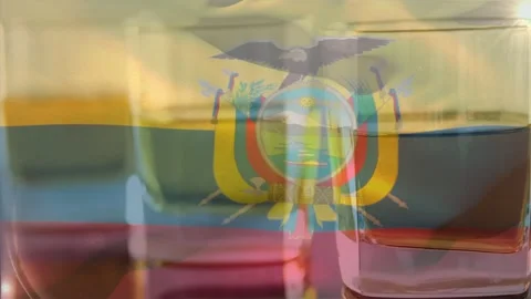 Camera panning left, glass stack with tricolor liquids aligning coat of arms Stock Footage 329533492