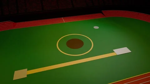 Camera panning, long yellow runway sliding and rotating across stadium turf to Stock Footage 339721924