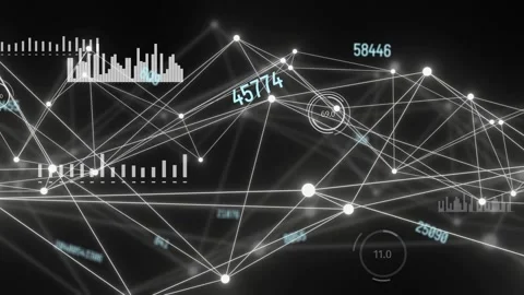 Camera panning from lower left 3D network pulsing lines shifting labels updating Stock Footage 334338024