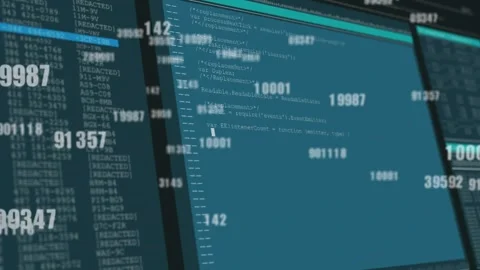 Camera panning, main screen filling with code, numeric overlays and cyan bar Stock-Footage 334038306