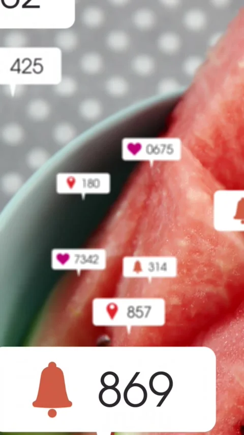 Camera panning melon slices, badge appearing and spawning changing counts Stock Footage 331738569