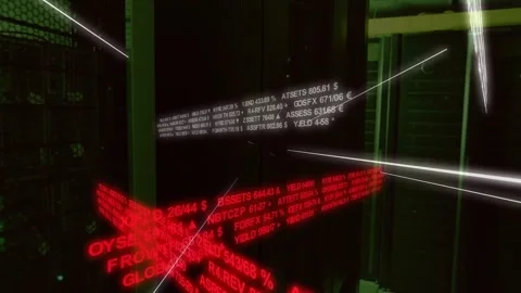 Camera panning moving white and red tickers past racks, showing finance data Stock Footage 333904726