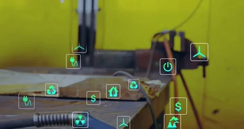Camera panning, neon icons appearing and drifting over metal bench, torch to Stock Footage 331085415