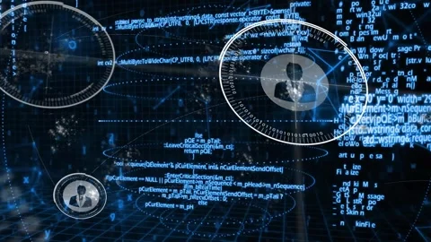 Camera panning from node, central HUD pulsing while rings and code linking Stock Footage 329701781