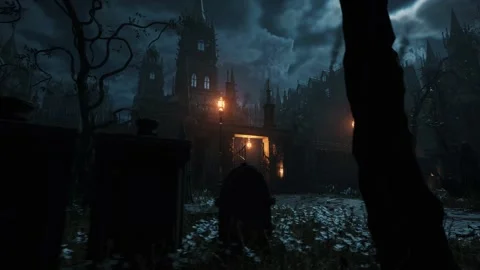 Camera is panning in an old spooky graveyard with morning mist and church in the Stock Footage 236408608