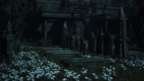 Camera is panning in an old spooky graveyard with morning mist and church in the Stock Footage 236408739