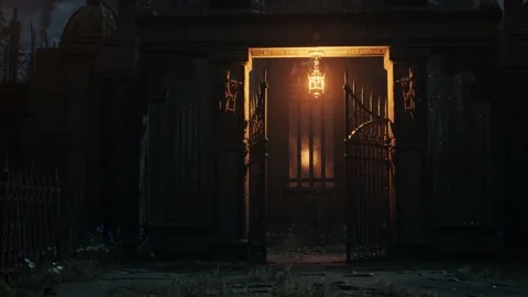 Camera is panning in an old spooky graveyard in front of the gate. Church is in Stock Footage 236408837
