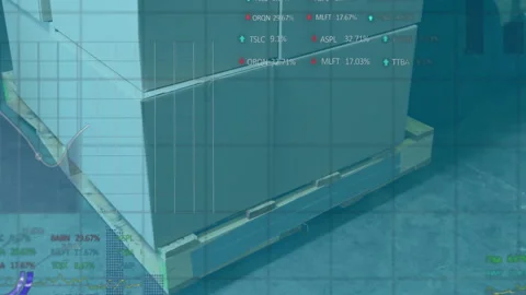 Camera panning outward causing financial overlay animating charts and market Stock Footage 312082144