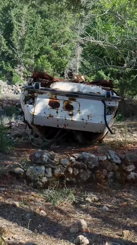 Camera panning over abandoned car in the woods Stock Footage 294963806