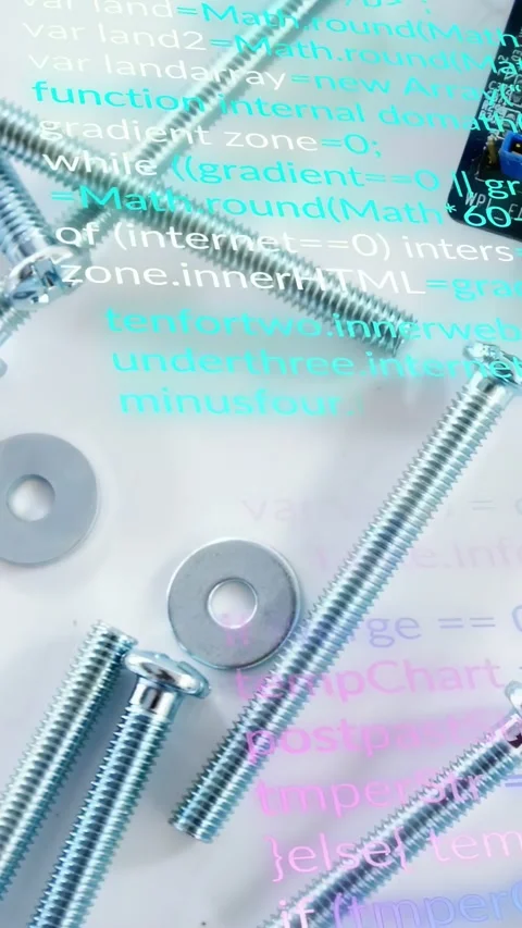 Camera panning over bolts and washers on white bench, revealing circuit board Stock Footage 332806803