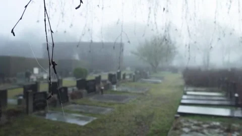 Camera panning over cemetery covered in fog Stock Footage 293081898