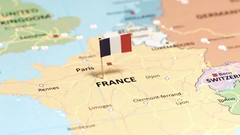 Camera panning over France map with flag marker on Paris Stock Footage 333484934
