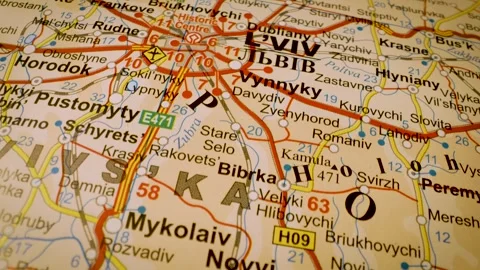 Camera panning over map focusing on highways leading to Lviv, Ukraine Stock Footage 341269308